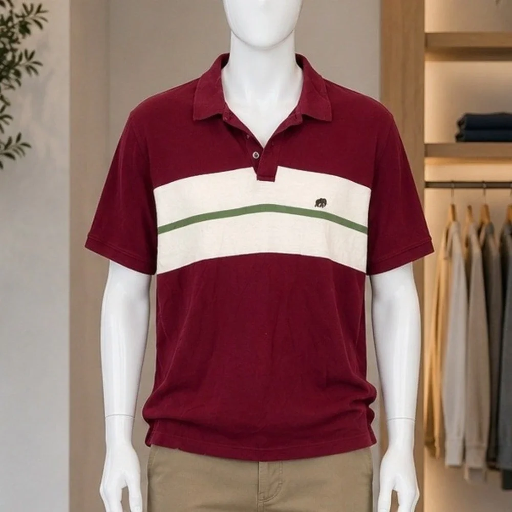 Banana Republic Mens Polo Shirt Maroon White Striped Elephant Logo XL